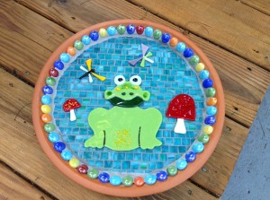 Frog with toadstools bird bath